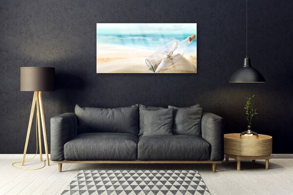 Quadro su vetro Bottiglia da spiaggia Lettera d'arte 100x50 cm 2 appendini