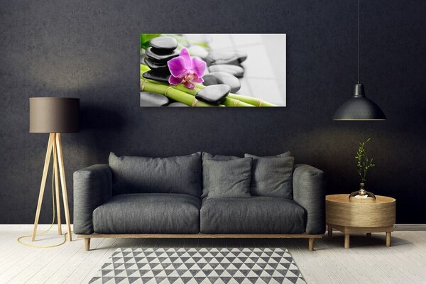 Quadro vetro Pietre di fiori di bambù Arte 100x50 cm 2 appendini