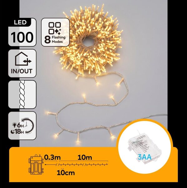 Aigostar - Catena luminosa natalizia LED da esterno 100xLED/8 funzioni 3xAA 10,3m IP44 bianco caldo