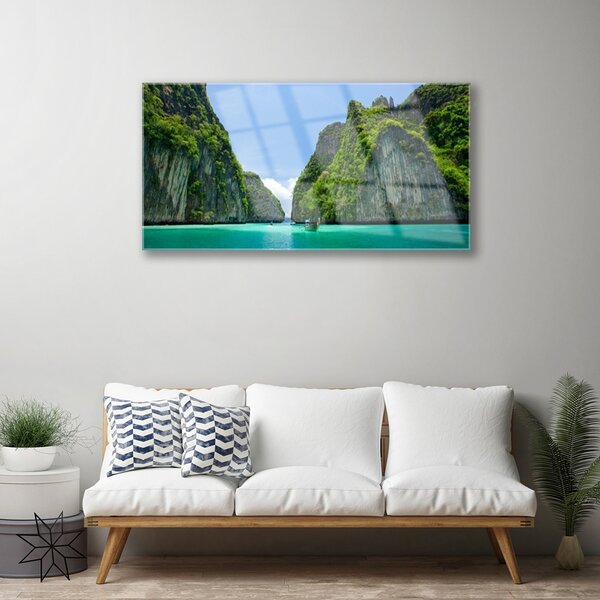 Quadro di vetro Montagne Acqua Baia Paesaggio 100x50 cm 2 appendini