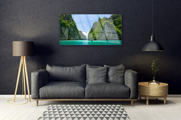 Quadro di vetro Montagne Acqua Baia Paesaggio 100x50 cm 2 appendini