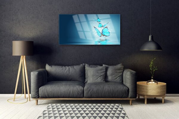 Quadro vetro Farfalle blu arte dell'acqua 100x50 cm 2 appendini