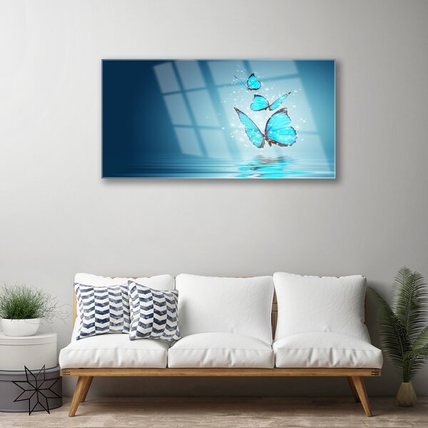 Quadro vetro Farfalle blu arte dell'acqua 100x50 cm 2 appendini