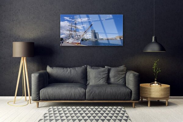 Quadro di vetro Barca Paesaggio della città di mare 100x50 cm 2 appendini