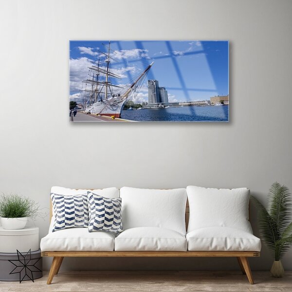 Quadro di vetro Barca Paesaggio della città di mare 100x50 cm 2 appendini