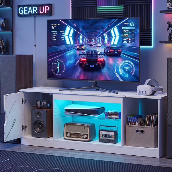 Costway Mobile porta tv per televisori da 65" con luci led con ripiano in vetro temperato regolabile scomparto, Supporto tv moderno per soggiorno Bianco