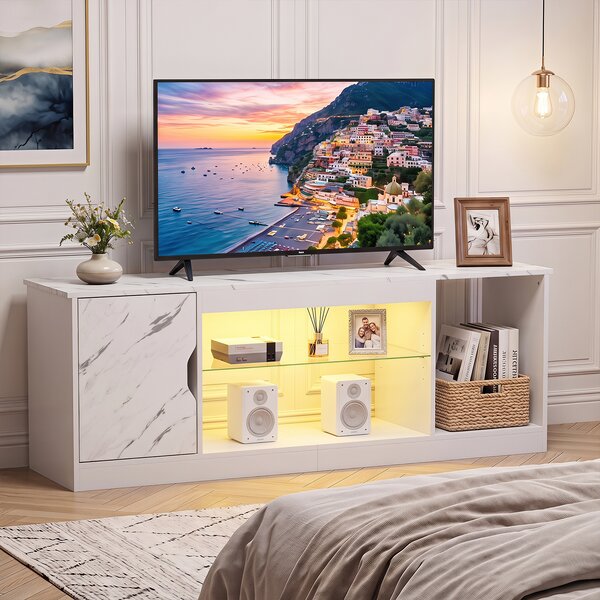 Costway Mobile porta tv per televisori da 65" con luci led con ripiano in vetro temperato regolabile scomparto, Supporto tv moderno per soggiorno Bianco