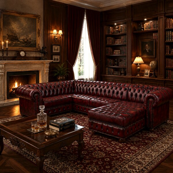 Divano Chesterfield Angolare con Chaise Longue - Pelle Primo Fiore Premium - Design Iconico