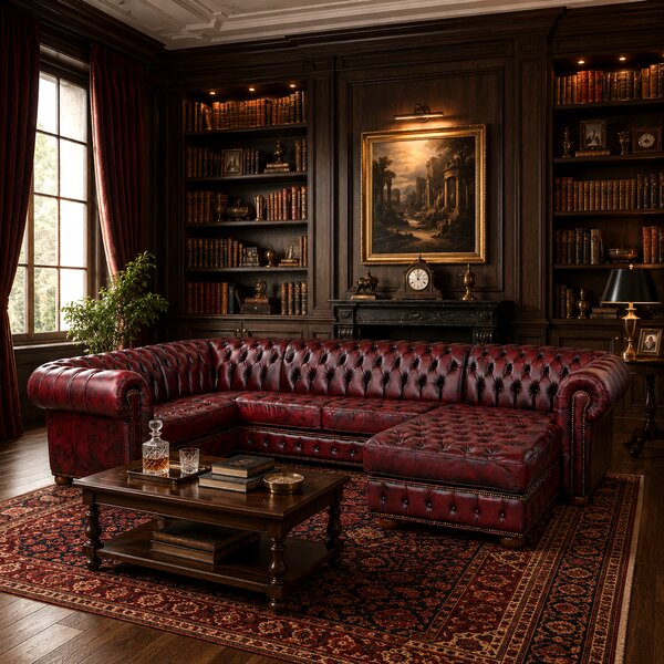 Divano Chesterfield Angolare con Chaise Longue - Pelle Primo Fiore Premium - Design Iconico
