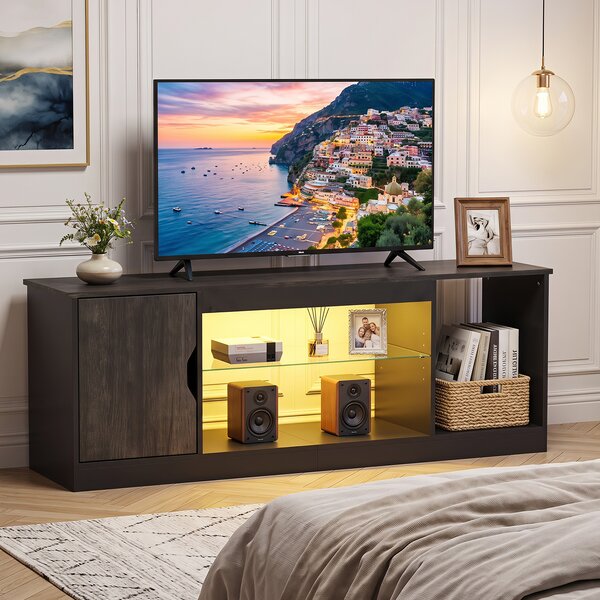 Costway Mobile porta tv per televisori da 65" con luci led con ripiano in vetro temperato regolabile scomparto, Supporto tv moderno per soggiorno Nero