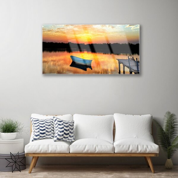 Quadro in vetro Ponte di barche Paesaggio del lago 100x50 cm 2 appendini