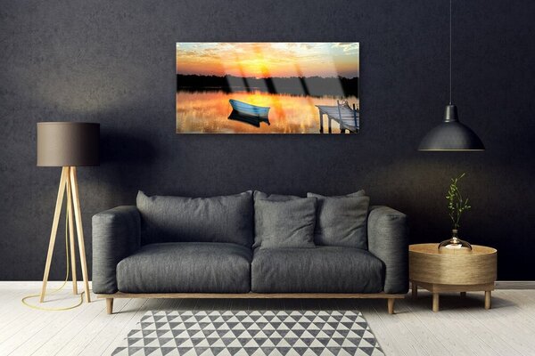 Quadro in vetro Ponte di barche Paesaggio del lago 100x50 cm 2 appendini