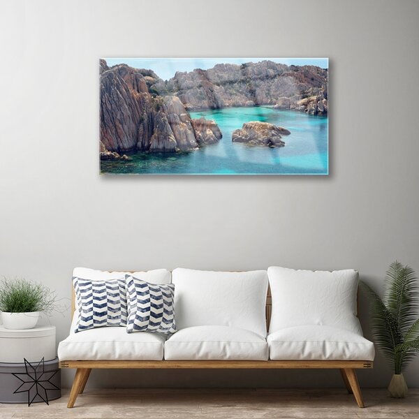 Quadro su vetro Bay of Rocks Paesaggio marino 100x50 cm 2 appendini