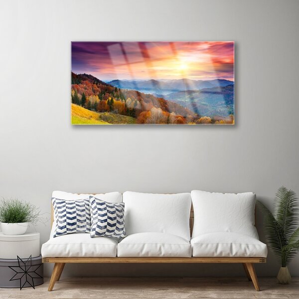 Quadro su vetro Montagna foresta sole paesaggio 100x50 cm 2 appendini
