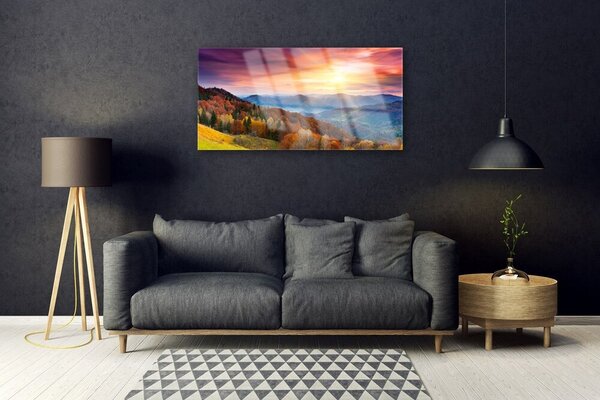 Quadro su vetro Montagna foresta sole paesaggio 100x50 cm 2 appendini