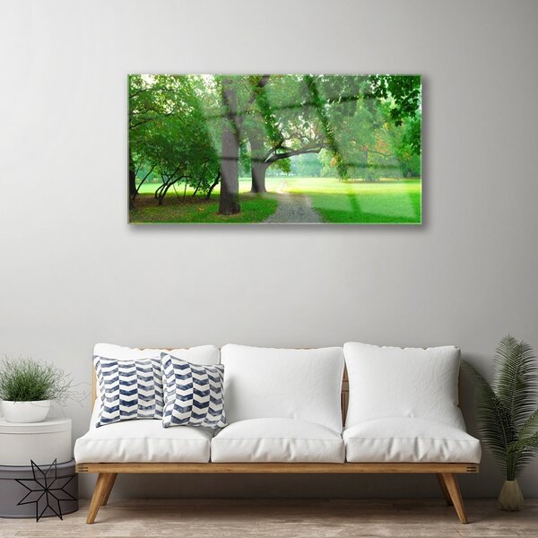 Quadro di vetro Sentiero degli alberi della natura 100x50 cm 2 appendini