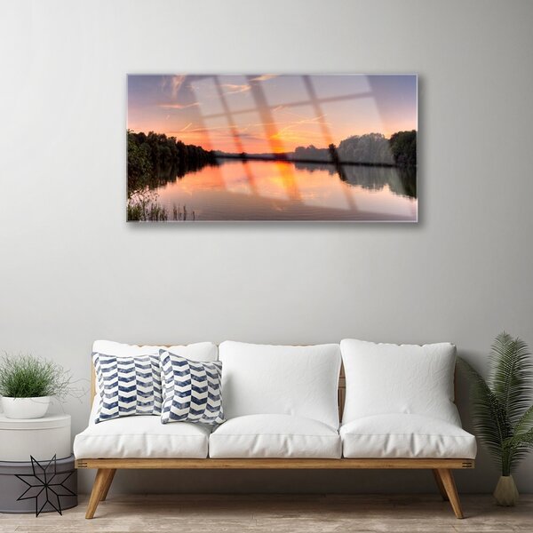 Quadro di vetro Paesaggio della Foresta del Lago 100x50 cm 2 appendini