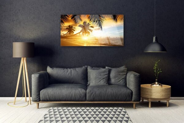 Quadro in vetro Spiaggia Palma Mare Paesaggio 100x50 cm 2 appendini