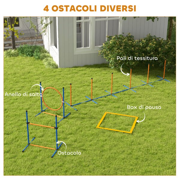 PawHut Set Agility Dog con Anello e Barra per Salto, Paletti Slalom, Fischietto, Palline e Borsa, Arancione | Aosom Italy