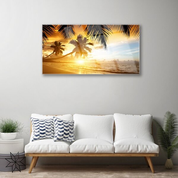 Quadro in vetro Spiaggia Palma Mare Paesaggio 100x50 cm 2 appendini