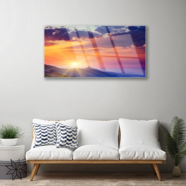 Quadro su vetro Paesaggio delle montagne del sole 100x50 cm 2 appendini