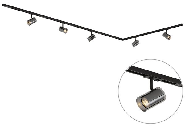 Sistema di illuminazione a binario moderno nero con 5 faretti monofase - Iconic Lloyd