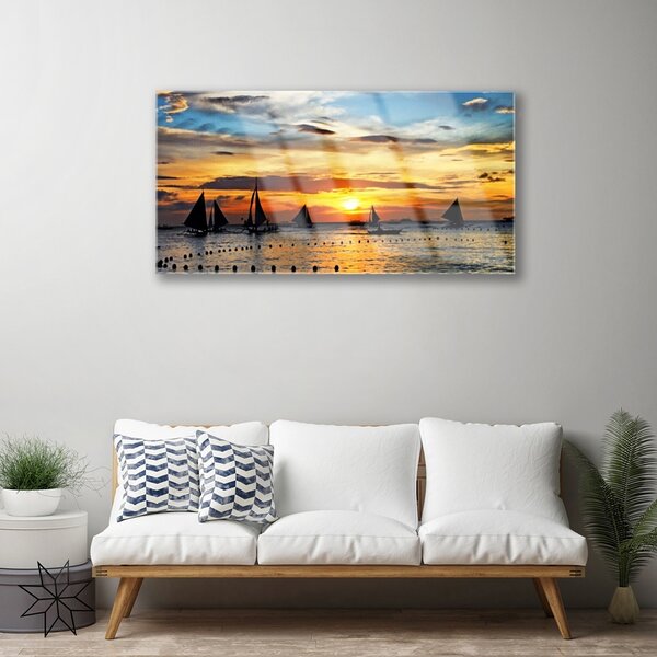 Quadro su vetro Barche Mare Sole Paesaggio 100x50 cm 2 appendini