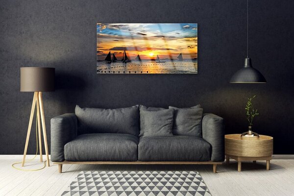 Quadro su vetro Barche Mare Sole Paesaggio 100x50 cm 2 appendini