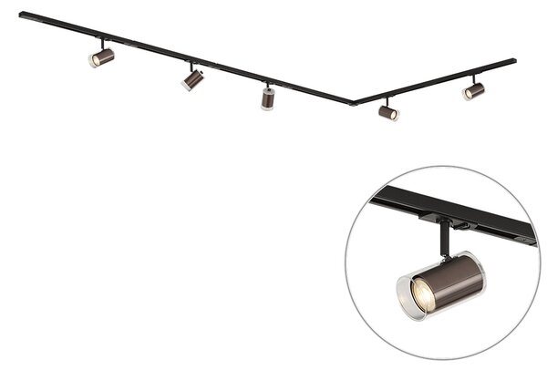 Sistema di illuminazione a binario moderno nero con 5 faretti bronzo scuro monofase - Iconic Lloyd