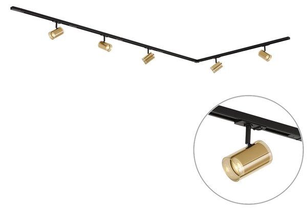 Sistema di illuminazione a binario moderno nero con 5 faretti dorati monofase - Iconic Lloyd