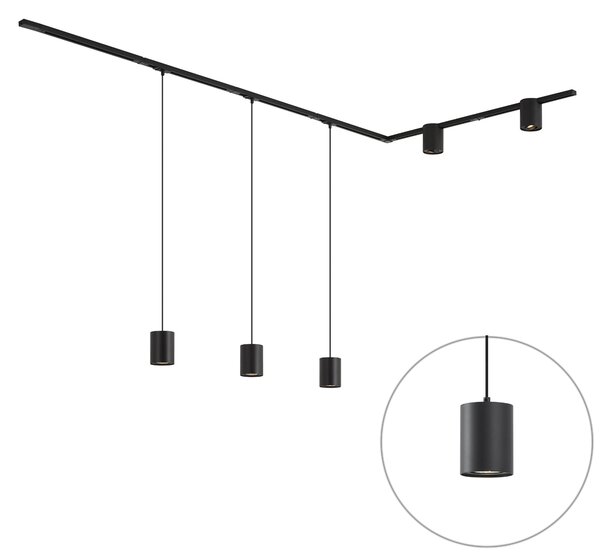 Sistema di illuminazione a binario moderno nero con 3 luci a sospensione e 2 faretti monofase - Iconic Holt Rondoo Up
