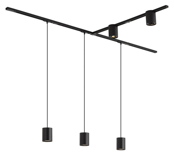 Sistema di illuminazione a binario moderno nero con 3 luci a sospensione e 2 faretti monofase - Iconic Holt Rondoo Up