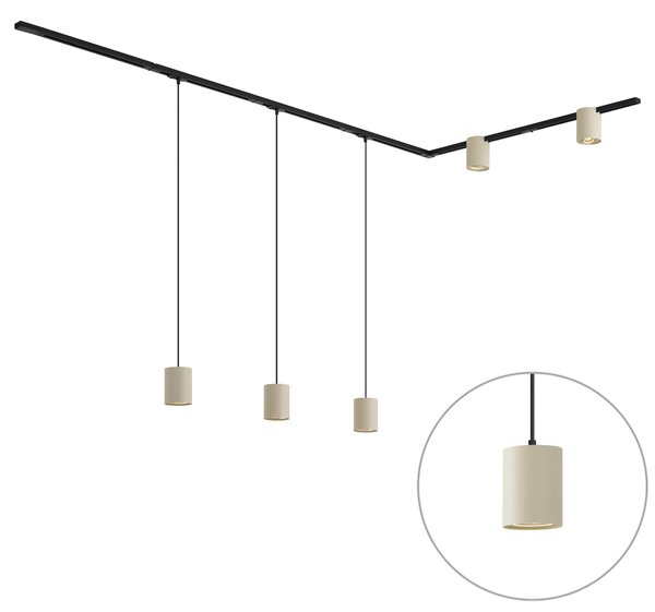 Sistema di illuminazione a binario moderno nero con 3 luci a sospensione e 2 faretti beige monofase - Iconic Holt Rondoo Up