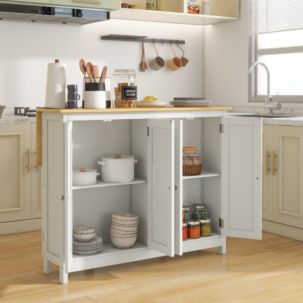 HOMCOM Isola Cucina con 2 Sgabelli Piano Lavoro Ribaltabile 2 Armadietti con 4 Porte Design Moderno Bianco