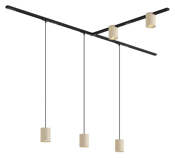 Sistema di illuminazione a binario moderno nero con 3 luci a sospensione e 2 faretti beige monofase - Iconic Holt Rondoo Up