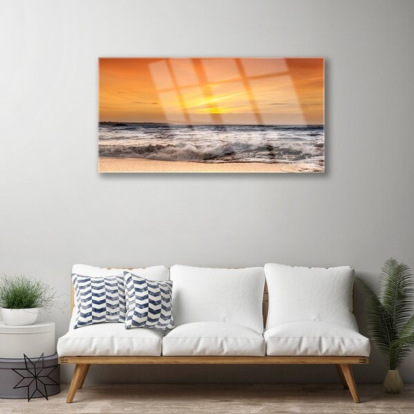 Quadro in vetro Mare Sole Onde Paesaggio 100x50 cm 2 appendini
