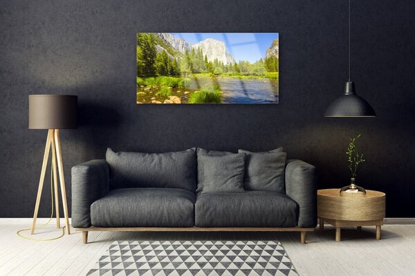 Quadro su vetro Lago Montagna Foresta Natura 100x50 cm 2 appendini