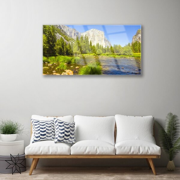 Quadro su vetro Lago Montagna Foresta Natura 100x50 cm 2 appendini