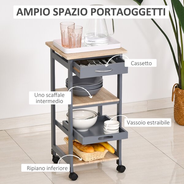 HOMCOM Carrello da Cucina Portafrutta con Ruote Cassetti, 2 Ripiani e Vassoio Estraibile, in legno e MDF 37x37x76cm, Grigio|Aosom Italy