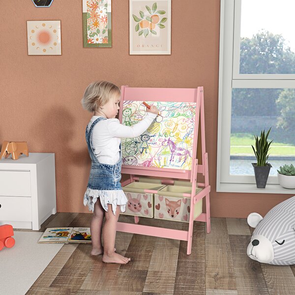 AIYAPLAY Lavagna per Bambini con Cavalletto 3 in 1 e 2 Contenitori, Età 3-8 anni, 54x46.5x93cm, Rosa|Aosom