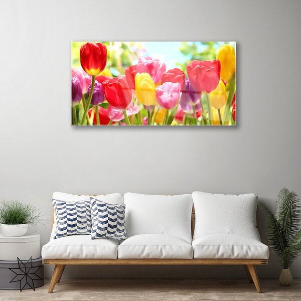 Quadro vetro Tulipani Fiori Pianta 100x50 cm 2 appendini