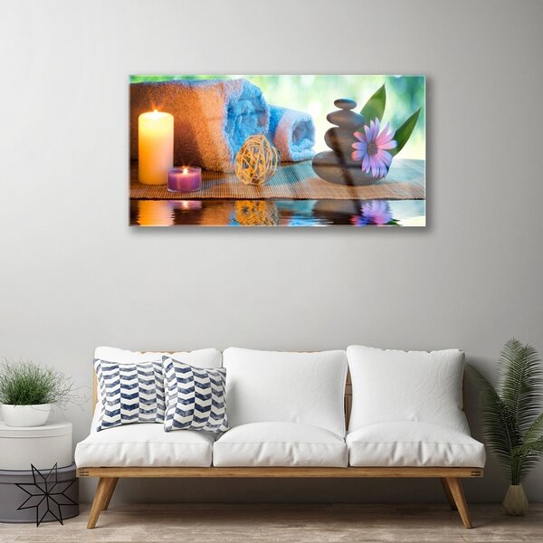 Quadro in vetro Candele con fiori termali 100x50 cm 2 appendini