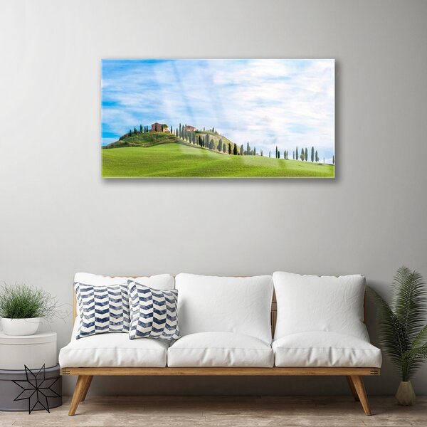 Quadro di vetro Prato Alberi Paesaggio 100x50 cm 2 appendini
