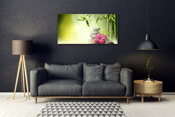Quadro di vetro Pietre Zen con fiori di bambù 100x50 cm 2 appendini