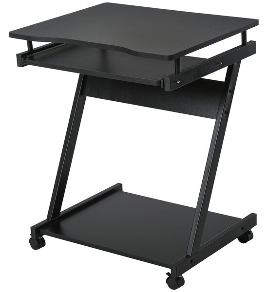 HOMCOM Tavolo Porta PC Classico e Salvaspazio, Piano Tastiera a Scomparsa, Scrivania Porta PC con 4 Ruote e Ripiano Inferiore Nero 60x48x73cm