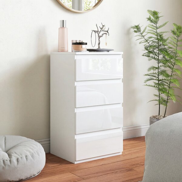 HOMCOM Comò Slim, 4 cassetti lucidi, bianco, per camera da letto. | Aosom Italy