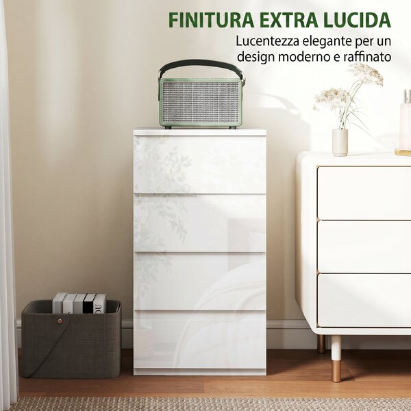 HOMCOM Comò Slim, 4 cassetti lucidi, bianco, per camera da letto. | Aosom Italy