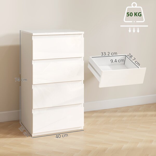 HOMCOM Comò Slim, 4 cassetti lucidi, bianco, per camera da letto. | Aosom Italy