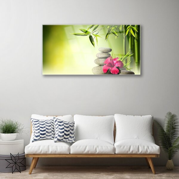 Quadro di vetro Pietre Zen con fiori di bambù 100x50 cm 2 appendini