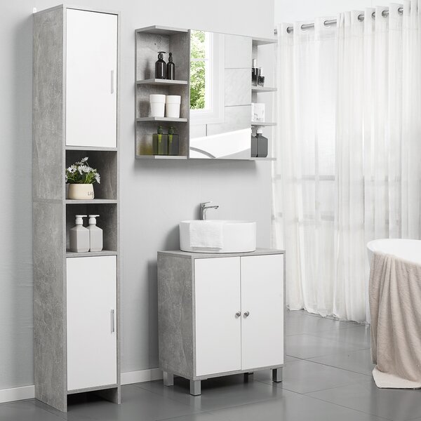 Kleankin Colonna Bagno Salvaspazio, 2 Armadietti, 2 Vani Aperti, Design Moderno in Legno Effetto Cemento, 30x30x180cm - Grigio|Aosom